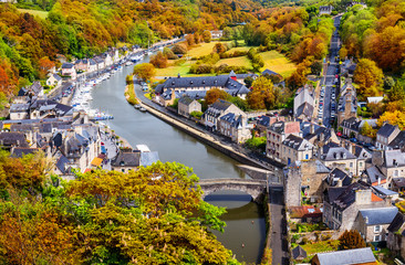 Aerial view of the historic town of Dinan with Rance river with dramatic cloudscape, Cotes-d'Armor department. Brittany (Bretagne), France