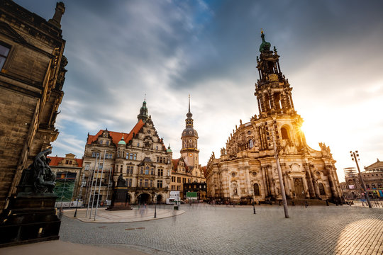 Dramatic view of cathedral Catholic Hofkirche and palace Georgenbau. Location place Dresden, Saxony, Germany, Europe.