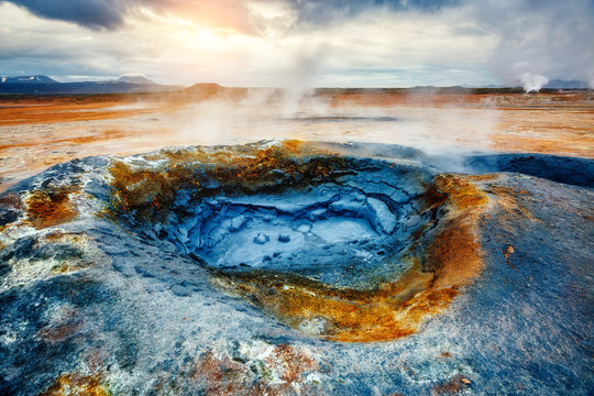 Ominous view geothermal area Hverir (Hverarond) near Lake Myvatn. Location place Krafla northeastern region of Iceland, Europe.