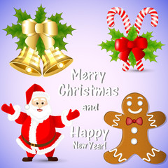 Clipart for the New Year with Santa Claus, gingerbread, golden bells, holly and sweets