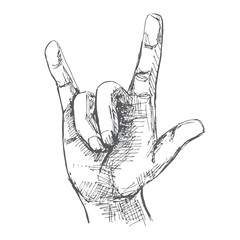 Hand symbolizing a gesture rock 'n' roll. Illustration in sketch style. Hand drawn vector illustrations.