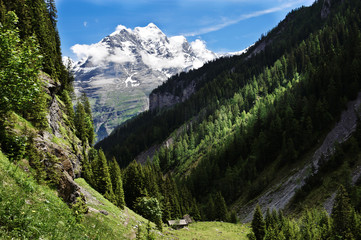 Das Sefinental in der Gemeinde Lauterbrunnen in den Berner Alpen. Im Hintergrund das Silberhorn (3695m). 