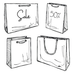 Set of shopping bags isolated on white background. Vector illustration of a sketch style. Inscription Sale.