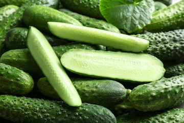 Many green fresh cucumbers as background