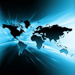 World map on a technological background, glowing lines symbols of the Internet, radio, television, mobile and satellite communications.