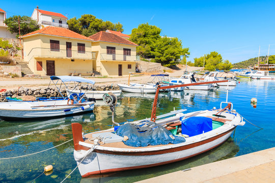 Fishing boats anchoring in small port of Razanj, Dalmatia, Croatia