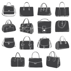 Set of different bags, men, women and unisex. Bags isolated on white background. Vector illustration in sketch style.
