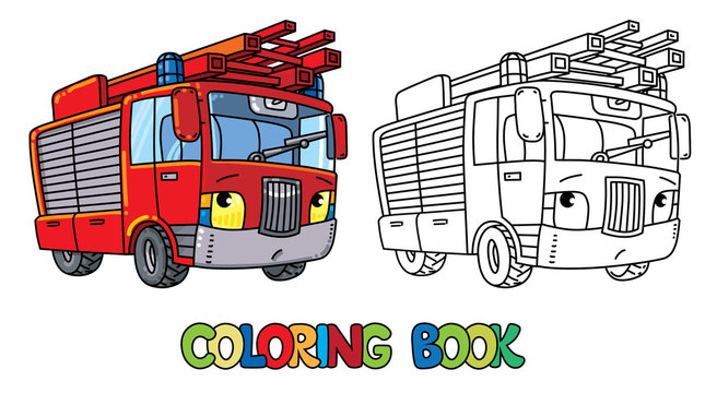 Fire truck or firemachine with eyes Coloring book