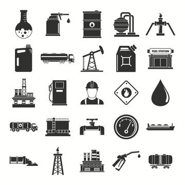 Oil gas industry black silhouette icons set with offshore platform drilling