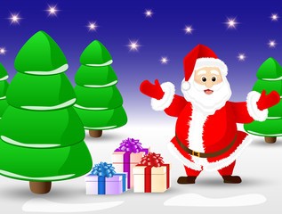 Winter forest with Santa Claus and gifts