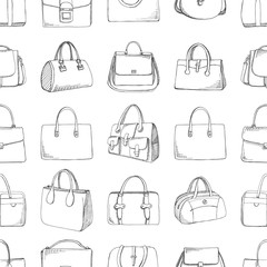 Seamless pattern with different bags in a sketch style. Vector illustration.
