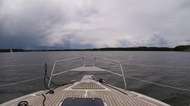 View from Front of Moving Yacht boat on Polish Lakes