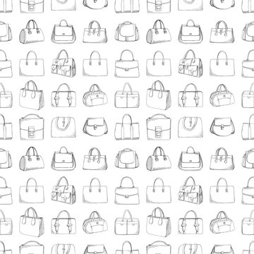 Seamless pattern with different bags in a sketch style. Vector illustration.
