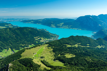 Fototapeta na wymiar Attersee as seen from Schafberg on a sunny day