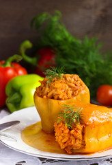 Stuffed pepper in a plate.
