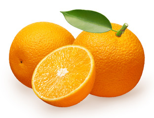 Orange fruit with green leaf next to lying and half