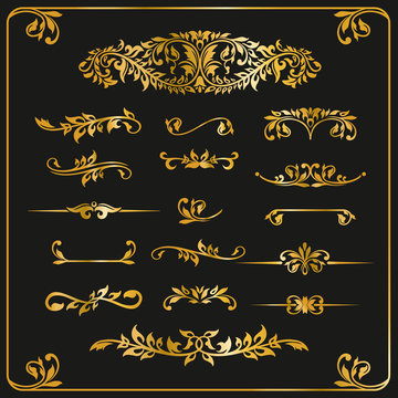 Golden graphic elements calligraphic vector sets for designers - patterns, ornaments, monogram and curlicues, arrows. For wedding,Valentines Day,holidays,design a child's birthday.