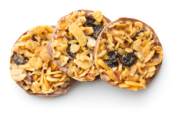 Chocolate chip cookies with nuts and raisins.