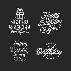 Happy birthday hand lettering compositions set. Vector vintage illustration.