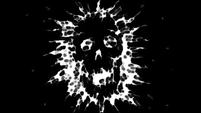 A flying skull is a ghost. Black white footage. in genre of horror. Scary character head for halloween.