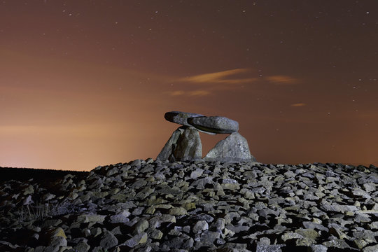 Dolmen named Chabola de la Hechicera, in Elvillar, Alava, Spain. Long exposure at night.
