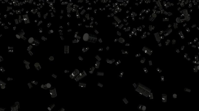 Animated rain of barrels of crude oil from low angle view against black background. Mask included.