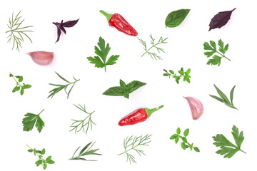 Fresh spices and herbs isolated on white background. Dill parsley basil thyme chili peppercorns garlic. Top view