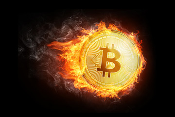 Golden bitcoin coin flying in fire flame. Burning crypto currency bitcoin symbol illustration isolated on black background.