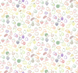 Seamless pattern with outline, colorful linear Fruit & berry line icons set. Food nature wallpaper, decorative background: orange banana cherry apple, avocado & various exotic tropical fruits on white