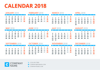 Calendar for 2018 Year. Vector design print template. Week starts on Monday