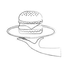 hand holding burger in dish fast food tasty delicious snack lunch vector illustration