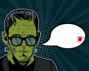 Obraz premium Halloween background vector with Frankenstein head. Vector illustration in retro comic style. Colorful pop art background. Halloween party invitation.