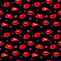 Female lips. Mouth with a kiss, smile, tongue, teeth, hearts on background. Vector comic seamless pattern in pop art retro style. Abstract seamless pattern for girls, boys, clothes.