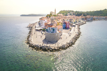 Piran, Slovenian Istria, Slovenia. Aerial view of the city surrounded by the Mediterranean sea.
