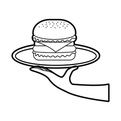 hand holding burger in dish fast food tasty delicious snack lunch vector illustration