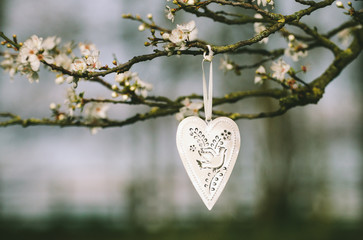 White metal heart with a dove motif hanging in a blossom tree
