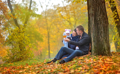 happy family walks in a beautiful autumn park, collect fallen leaves