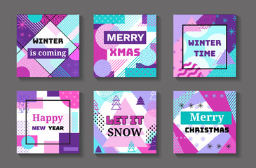 Happy new year and merry christmas geometric banners set in trendy memphis 90s style with triangles, lines, lettering, frames, party background or invitation template, cover, card, vector illustration