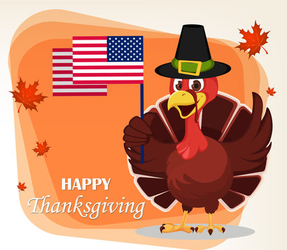 Thanksgiving greeting card with a turkey bird wearing a Pilgrim hat and holding USA flag.