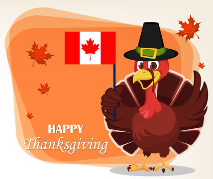 Thanksgiving greeting card with a turkey bird wearing a Pilgrim hat and holding Canadian flag.