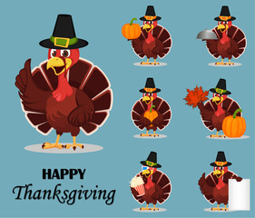 Thanksgiving turkey bird wearing a Pilgrim hat and holding different things.
