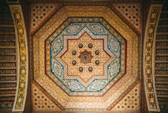 Pattern decorated ceiling in Bahia Palace. Marrakech, Morocco