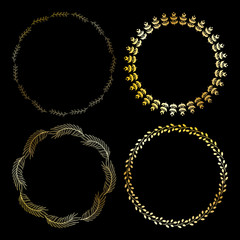 Golden cute round frame. Vector wreath with herbs and leaves.