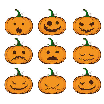 Set pumpkins for Halloween. Funny halloween pumpkin jack o lantern face vector illustration.