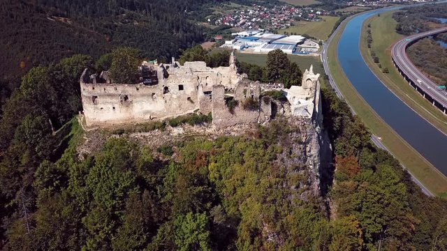 Flying around abandoned Povazsky castle, Slovakia.