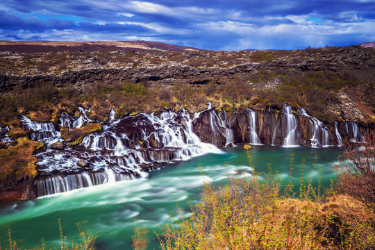 Hraunfossar, a series of waterfalls pouring into Hvita River, Borgarfjordur, Western Iceland