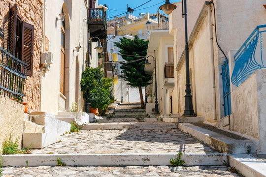 Street with steps in Sitia town, Crete island, Greece