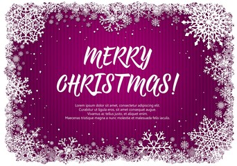 Pink Christmas card with white frame of snowflakes. New-Year winter background. Vector illustration.