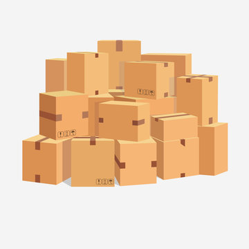 Pile of cardboard boxes, stacked sealed goods. vector