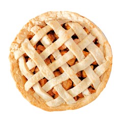 Homemade apple pie with lattice pastry isolated on a white background, above view
